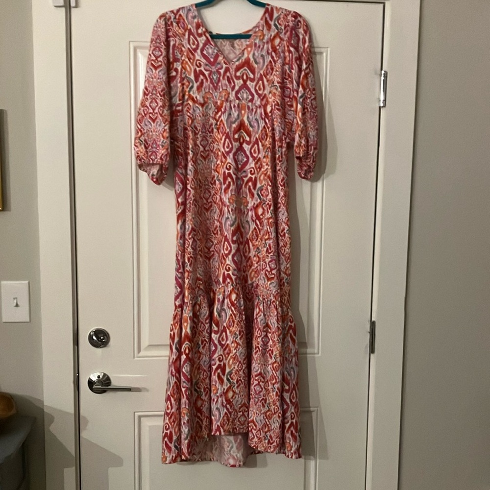 Worn only once bright pink red with hints of orange/peach long dress